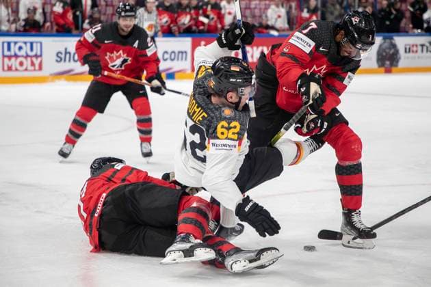 Eishockey, WM, Finale, Kanada - Deutschland Parker Tuomie 62, GER, Tyler Myers 57, CAN, Pierre-Olivier Joseph 7, CAN the 2023 IIHF Ice hockey, Eishockey World Championship, WM, Weltmeisterschaft gold medal match between Canada and Germany at the Nokia Arena on 28. May 2023 in Tampere, Finland. 20.46.04. (Tomi Hänninen Newspix24) Copyright: xTomixHänninenx np24282058694