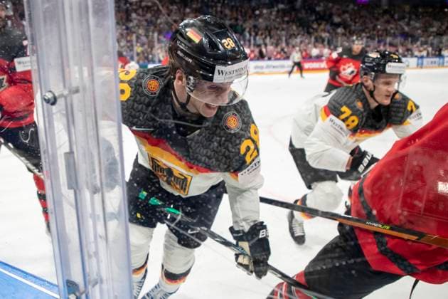 Eishockey, WM, Finale, Kanada - Deutschland Samuel Soramies 28, GER the 2023 IIHF Ice hockey, Eishockey World Championship, WM, Weltmeisterschaft gold medal match between Canada and Germany at the Nokia Arena on 28. May 2023 in Tampere, Finland. 20.45.29. (Tomi Hänninen Newspix24)  Copyright: xTomixHänninenx np24282058692
