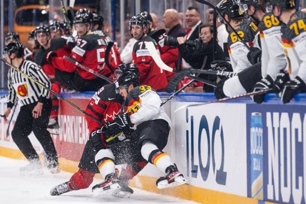 230528 Samuel Blais of Canada and John Peterka of Germany during the 2023 IIHF Ice Hockey World Championship final game between Canada and Germany on May 28, 2023 in Tampere Photo Joel Marklund BILDBYRAN kod JM JM0489 bbeng ishockey ice hockey ice hockey vm 2023 ishockey vm vm vm 2023 iihf ice hockey world championship final canada canada germany germany  Copyright: JOELxMARKLUND BB230528JM117