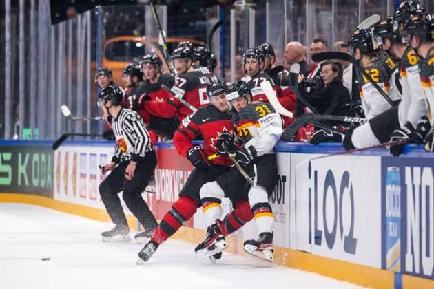 230528 Samuel Blais of Canada and John Peterka of Germany during the 2023 IIHF Ice Hockey World Championship final game between Canada and Germany on May 28, 2023 in Tampere Photo Joel Marklund BILDBYRAN kod JM JM0489 bbeng ishockey ice hockey ice hockey vm 2023 ishockey vm vm vm 2023 iihf ice hockey world championship final canada canada germany germany  Copyright: JOELxMARKLUND BB230528JM118