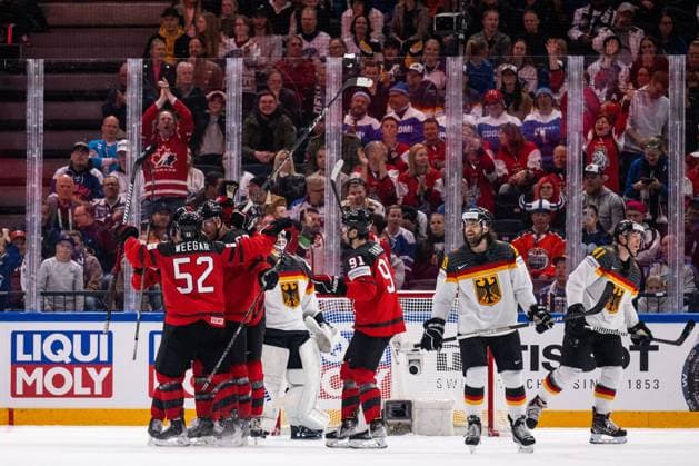 230528 MacKenzie Weegar, Lawson Crouse and Adam Fantilli of Canada celebrate scoring 2 2 during the 2023 IIHF Ice Hockey World Championship final game between Canada and Germany on May 28, 2023 in Tampere Photo Joel Marklund BILDBYRAN kod JM JM0489 bbeng ishockey ice hockey ishockey vm 2023 ishockey vm vm vm 2023 iihf ice hockey world championship final canada canada germany germany jubel  Copyright: JOELxMARKLUND BB230528JM126