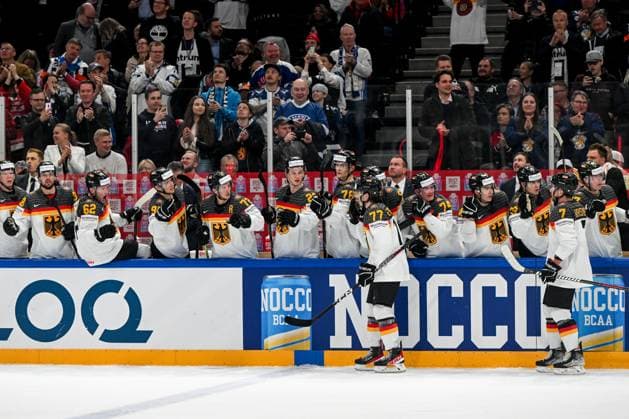 TAMPERE, FINLAND MAY 28 Daniel Fischbuch of Germany celebrate after scoring a goal during the 2023 IIHF Ice Hockey World Championship Finland Latvia game between Canada and Germany at Nokia Arena on May 28, 2023 in Tampere, Finland Tampere Nokia Arena Finland  Copyright: xJustPictures.ch AndreaxBrancax