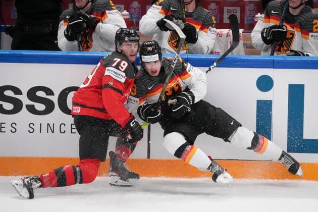 Samuel Blais 79, CAN and John Peterka 33, GER during the 2023 IIHF Ice hockey, Eishockey World Championship, WM, Weltmeisterschaft gold medal match between Canada - Germany at the Nokia Arena on 28. May 2023 in Tampere, Finland. (KALLE PARKKINEN Newspix24)  Copyright: xKallexParkkinenx np24282158704
