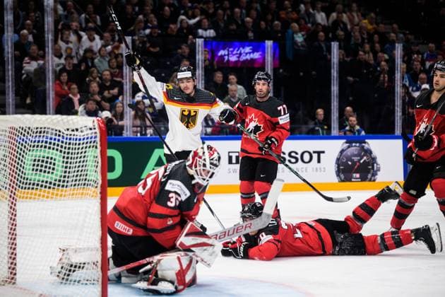 230528 Daniel Fischbuch of Germany celebrates when scoring 1 2 behind goaltender Samuel Montembeault of Canada during the 2023 IIHF Ice Hockey World Championship final game between Canada and Germany on May 28, 2023 in Tampere Photo Joel Marklund BILDBYRAN kod JM JM0489 bbeng ishockey ice hockey ishockey vm 2023 ishockey vm vm vm 2023 iihf ice hockey world championship final canada canada germany germany jubel  Copyright: JOELxMARKLUND BB230528JM129