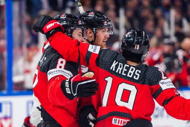 TAMPERE, FINLAND MAY 28 Lawson Crouse of Canada C celebrated by Cody Glass of Canada L and Peyton Krebs of Canada R for his goal during the 2023 IIHF Ice Hockey World Championship Finland Latvia game between Canada and Germany at Nokia Arena on May 28, 2023 in Tampere, Finland Tampere Nokia Arena Finland  Copyright: xJustPictures.ch JarixPestelaccix