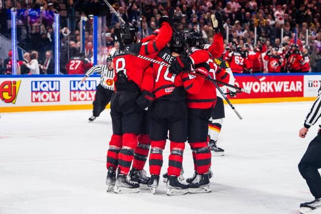 TAMPERE, FINLAND MAY 28 Team Canada celebrates its goal during the 2023 IIHF Ice Hockey World Championship Finland Latvia game between Canada and Germany at Nokia Arena on May 28, 2023 in Tampere, Finland Tampere Nokia Arena Finland  Copyright: xJustPictures.ch JarixPestelaccix