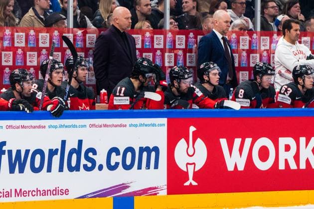 TAMPERE, FINLAND MAY 28 Team Canada disappointed during the 2023 IIHF Ice Hockey World Championship Finland Latvia game between Canada and Germany at Nokia Arena on May 28, 2023 in Tampere, Finland Tampere Nokia Arena Finland  Copyright: xJustPictures.ch JarixPestelaccix