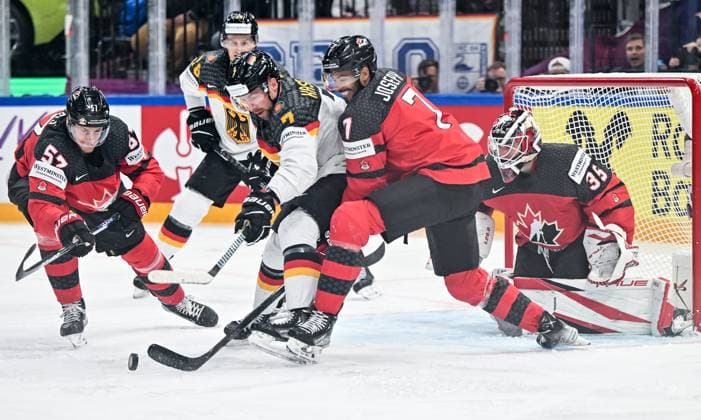 Tylers Myers 57, Canada, Canada, Team Canada Maximilian Kastner 7, German Ice Hockey Federation, Germany Germany, Team Germany Pierre Olivier Joseph 7, Canada, Canada, Team Canada , Canada vs Germany, Ice Hockey, Ice Hockey World Championship , Final, 28 05 2023, Canada vs Germany, Ice Hockey, Ice Hockey World Championship , Final, 28 05 2023 Tampere Copyright: xEibner-Pressefotox xBirgitxHaefnerx EP_BHF