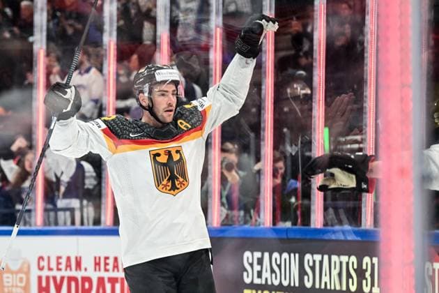 Marcel Noebels 92, German Ice Hockey Federation, Germany Germany, Team Germany jubilation joy after 2 to 1, Canada vs Germany, Ice Hockey, Ice Hockey World Championship , Final, 28 05 2023, Canada vs Germany, Ice Hockey, Ice Hockey World Championship , Final, 28 05 2023 Tampere Copyright: xEibner-Pressefotox xBirgitxHaefnerx EP_BHF