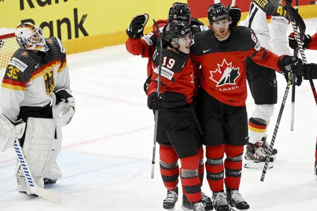 Goalkeeper Mathias Niederberger of Germany and team of Canada celebrates 2-2 goal made by Lawson Crouse (67) during the 2023 IIHF Ice hockey, Eishockey World Championships final match between Canada and Germany in Tampere on May 28, 2023. Tampere Finland LKFTJK20230528213902SYXA  Copyright: xJussixNukarix LKFTJK20230528213902SYXA