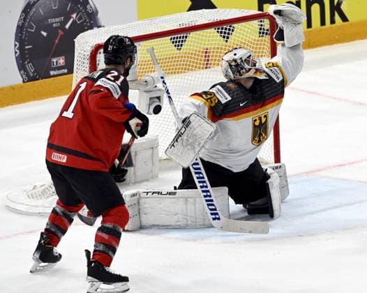 Goalkeeper Mathias Niederberger of Germany and Scott Laughton of Canada during the 2023 IIHF Ice hockey, Eishockey World Championships final match between Canada and Germany in Tampere on May 28, 2023. Tampere Finland LKFTJK20230528213750DXJM  Copyright: xJussixNukarix LKFTJK20230528213750DXJM