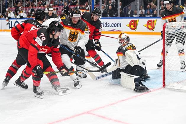 TAMPERE, FINLAND MAY 28 Samuel Blais of Canada scores a goal against goalkeeper Mathias Niederberger of Germany during the 2023 IIHF Ice Hockey World Championship Finland Latvia game between Canada and Germany at Nokia Arena on May 28, 2023 in Tampere, Finland Tampere Nokia Arena Finland  Copyright: xJustPictures.ch AndreaxBrancax