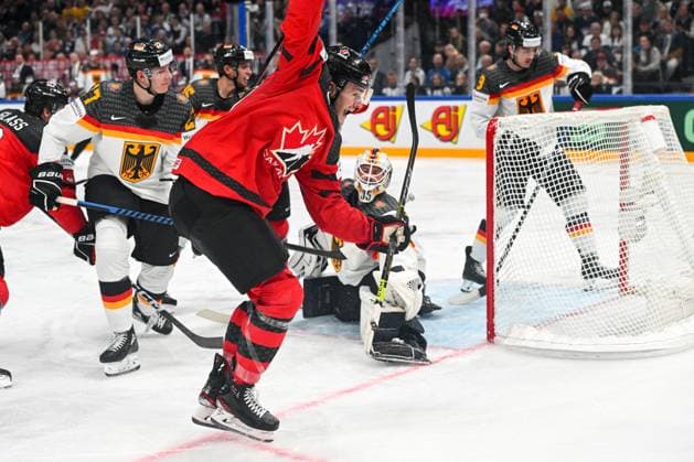 TAMPERE, FINLAND MAY 28 Samuel Blais of Canada celebrate after scoring a goal during the 2023 IIHF Ice Hockey World Championship Finland Latvia game between Canada and Germany at Nokia Arena on May 28, 2023 in Tampere, Finland Tampere Nokia Arena Finland  Copyright: xJustPictures.ch AndreaxBrancax