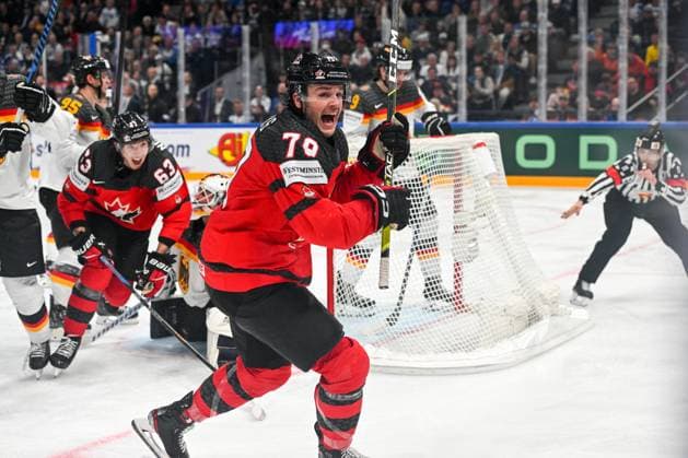 TAMPERE, FINLAND MAY 28 Samuel Blais of Canada celebrate after scoring a goal during the 2023 IIHF Ice Hockey World Championship Finland Latvia game between Canada and Germany at Nokia Arena on May 28, 2023 in Tampere, Finland Tampere Nokia Arena Finland  Copyright: xJustPictures.ch AndreaxBrancax