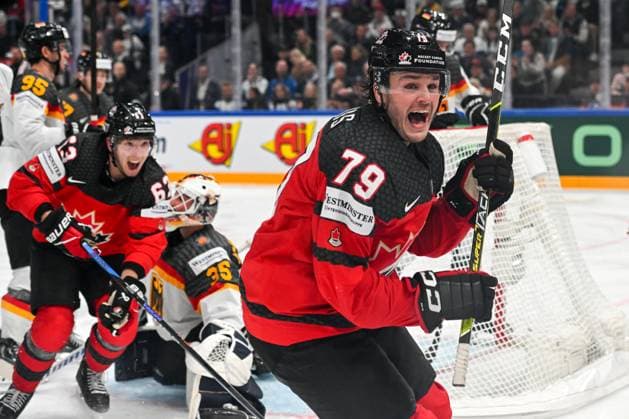 TAMPERE, FINLAND MAY 28 Samuel Blais of Canada celebrate after scoring a goal during the 2023 IIHF Ice Hockey World Championship Finland Latvia game between Canada and Germany at Nokia Arena on May 28, 2023 in Tampere, Finland Tampere Nokia Arena Finland  Copyright: xJustPictures.ch AndreaxBrancax
