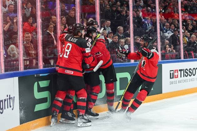 TAMPERE, FINLAND MAY 28 Samuel Blais of Canada celebrate after scoring a goal during the 2023 IIHF Ice Hockey World Championship Finland Latvia game between Canada and Germany at Nokia Arena on May 28, 2023 in Tampere, Finland Tampere Nokia Arena Finland  Copyright: xJustPictures.ch AndreaxBrancax