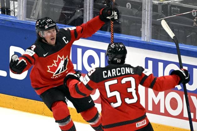 Michael Carcone and Tyler Toffoli of Canada celebrate a goal during the 2023 IIHF Ice hockey, Eishockey World Championships final match between Canada and Germany in Tampere on May 28, 2023. Tampere Finland LKFTJK20230528221917KKVF  Copyright: xJussixNukarix LKFTJK20230528221917KKVF