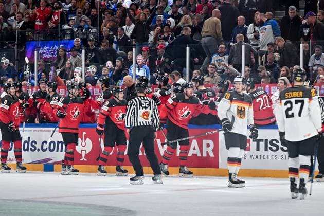 Goal celebration Canada Lawson Crouse 67, Canada, Canada, Team Canada and teammates, Canada vs Germany, ice hockey, ice hockey world championship , final, 28 05 2023, Canada vs Germany, ice hockey, ice hockey world championship , final, 28 05 2023 Tampere Copyright: xEibner-Pressefotox xBirgitxHaefnerx EP_BHF