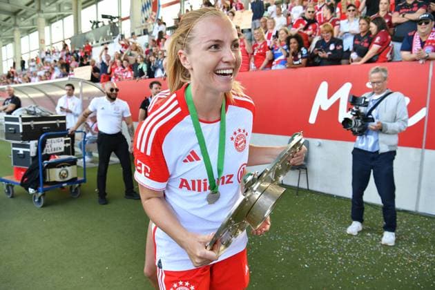 Glodis Perla Viggosdottir 4 FC Bayern Munich celebrates the German Football Championship of the Flyeralarm Womens Bundesliga 2022 2023 on 28 05 2023 Munich FC Bayern Campus Bayern Germany