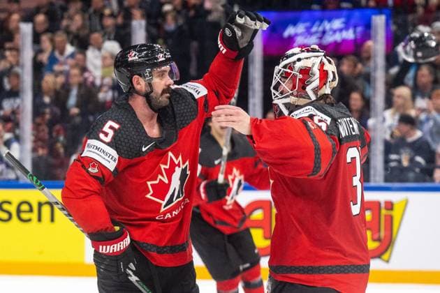 230528 Jacob Middleton and goaltender Samuel Montembeault of Canada celebrate after winning the 2023 IIHF Ice Hockey World Championship final game between Canada and Germany on May 28, 2023 in Tampere Photo Joel Marklund BILDBYRAN code JM JM0489 bbeng ishockey ice hockey ishockey vm 2023 ishockey vm vm vm 2023 iihf ice hockey world championship final canada canada germany germany jubel mästare vm mästare world champion  Copyright: JOELxMARKLUND BB230528JM138