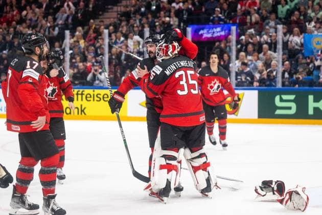 230528 Jacob Middleton and goaltender Samuel Montembeault of Canada celebrate after winning the 2023 IIHF Ice Hockey World Championship final game between Canada and Germany on May 28, 2023 in Tampere Photo Joel Marklund BILDBYRAN code JM JM0489 bbeng ishockey ice hockey ishockey vm 2023 ishockey vm vm vm 2023 iihf ice hockey world championship final canada canada germany germany jubel mästare vm mästare world champion  Copyright: JOELxMARKLUND BB230528JM140