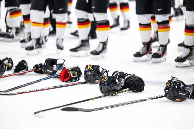 230528 Helmets of German players during the 2023 IIHF Ice Hockey World Championship final game between Canada and Germany on May 28, 2023 in Tampere Photo Joel Marklund BILDBYRAN kod JM JM0489 bbeng ishockey ice hockey ice hockey vm 2023 ishockey vm vm vm 2023 iihf ice hockey world championship final canada canada germany germany genre helmets helmets  Copyright: JOELxMARKLUND BB230528JM149