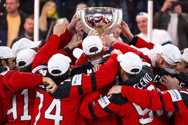 230528 Players of Canada celebrate with the trophy after winning the 2023 IIHF Ice Hockey World Championship final game between Canada and Germany on May 28, 2023 in Tampere Photo Joel Marklund BILDBYRAN code JM JM0489 bbeng ice hockey ice hockey ice hockey world championship 2023 ice hockey world championship world championship 2023 iihf ice hockey world championship final canada canada germany germany jubel world champion world championship champion  Copyright: JOELxMARKLUND BB230528JM156