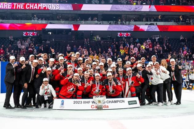230528 Players of Canada celebrate with the trophy after winning the 2023 IIHF Ice Hockey World Championship final game between Canada and Germany on May 28, 2023 in Tampere Photo Joel Marklund BILDBYRAN code JM JM0489 bbeng ice hockey ice hockey ice hockey world championship 2023 ice hockey world championship world championship 2023 iihf ice hockey world championship final canada canada germany germany jubel world champion world championship champion  Copyright: JOELxMARKLUND BB230528JM161