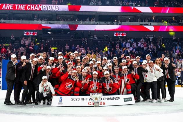 230528 Players of Canada celebrate with the trophy after winning the 2023 IIHF Ice Hockey World Championship final game between Canada and Germany on May 28, 2023 in Tampere Photo Joel Marklund BILDBYRAN code JM JM0489 bbeng ice hockey ice hockey ice hockey world championship 2023 ice hockey world championship world championship 2023 iihf ice hockey world championship final canada canada germany germany jubel world champion world championship champion  Copyright: JOELxMARKLUND BB230528JM162
