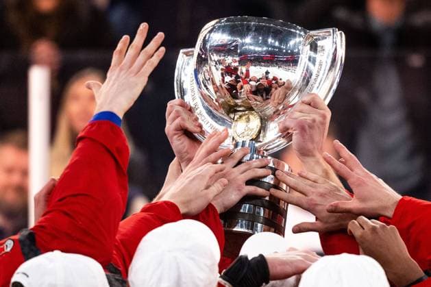 230528 Players of Canada celebrate with the trophy after winning the 2023 IIHF Ice Hockey World Championship final game between Canada and Germany on May 28, 2023 in Tampere Photo Joel Marklund BILDBYRAN code JM JM0489 bbeng ice hockey ice hockey ice hockey world championship 2023 ice hockey world championship world championship 2023 iihf ice hockey world championship final canada canada germany germany jubel world champion world championship champion  Copyright: JOELxMARKLUND BB230528JM164