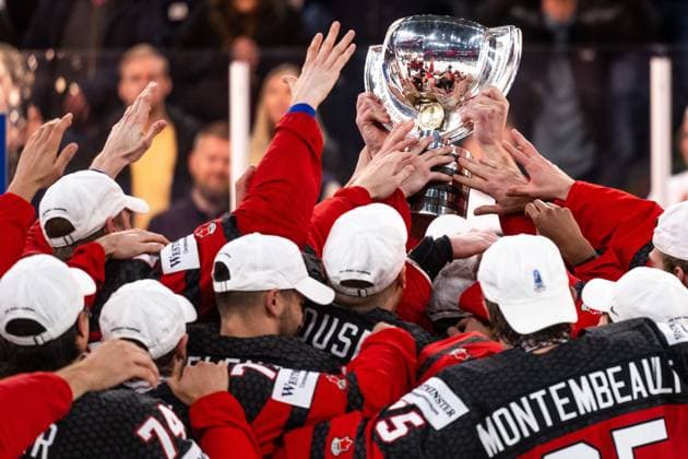 230528 Players of Canada celebrate with the trophy after winning the 2023 IIHF Ice Hockey World Championship final game between Canada and Germany on May 28, 2023 in Tampere Photo Joel Marklund BILDBYRAN code JM JM0489 bbeng ice hockey ice hockey ice hockey world championship 2023 ice hockey world championship world championship 2023 iihf ice hockey world championship final canada canada germany germany jubel world champion world championship champion  Copyright: JOELxMARKLUND BB230528JM165