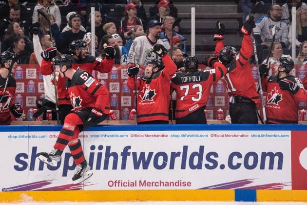 TAMPERE, FINLAND MAY 28 Canada is world chamption 2023 Canada squad during the 2023 IIHF Ice Hockey World Championship Finland Latvia game between Canada and Germany at Nokia Arena on May 28, 2023 in Tampere, Finland Tampere Nokia Arena Finland  Copyright: xJustPictures.ch JarixPestelaccix