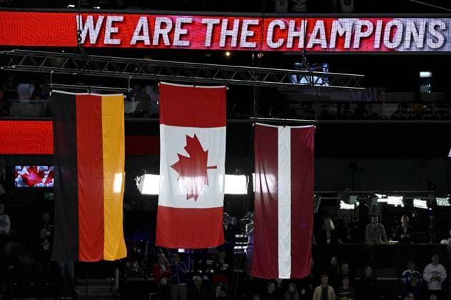 Sport Bilder des Tages Flags of winner Canada, 2nd Germany and 3rd Latvia after the 2023 IIHF Ice hockey, Eishockey World Championships final match between Canada and Germany in Tampere on May 28, 2023. Tampere Finland LKFTJK20230528225408OUEV  Copyright: xJussixNukarix LKFTJK20230528225408OUEV