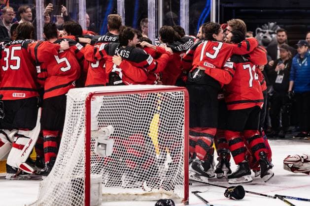 TAMPERE, FINLAND MAY 28 Canada is world chamption 2023 Canada squad during the 2023 IIHF Ice Hockey World Championship Finland Latvia game between Canada and Germany at Nokia Arena on May 28, 2023 in Tampere, Finland Tampere Nokia Arena Finland  Copyright: xJustPictures.ch JarixPestelaccix