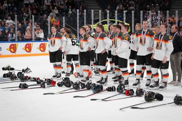 Germany players after the 2023 IIHF Ice hockey, Eishockey World Championship, WM, Weltmeisterschaft gold medal match between Canada - Germany at the Nokia Arena on 28. May 2023 in Tampere, Finland. (KALLE PARKKINEN Newspix24)  Copyright: xKallexParkkinenx np24282258717