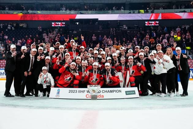 TAMPERE, FINLAND MAY 28 Canada is word champion 2023 Canada squad with trophy during the 2023 IIHF Ice Hockey World Championship Finland Latvia game between Canada and Germany at Nokia Arena on May 28, 2023 in Tampere, Finland Tampere Nokia Arena Finland  Copyright: xJustPictures.ch JarixPestelaccix