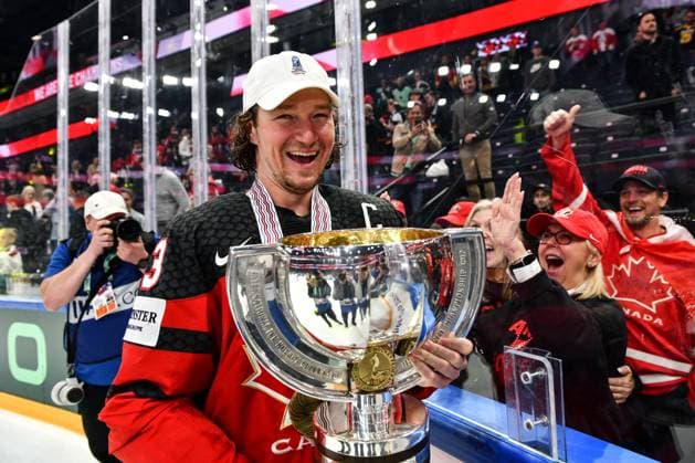 TAMPERE, FINLAND MAY 28 Tyler Toffoli of Canada celebrate winning the gold medal during the 2023 IIHF Ice Hockey World Championship Finland Latvia game between Canada and Germany at Nokia Arena on May 28, 2023 in Tampere, Finland Tampere Nokia Arena Finland  Copyright: xJustPictures.ch AndreaxBrancax