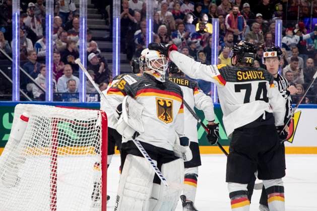 Justin Schütz 74, GER, Mathias Niederberger 35, GER the 2023 IIHF Ice hockey, Eishockey World Championship, WM, Weltmeisterschaft gold medal match between Canada - Germany at the Nokia Arena on 28. May 2023 in Tampere, Finland. 21.37.41. (Tomi Hänninen Newspix24)  Copyright: xTomixHänninenx np24282158740