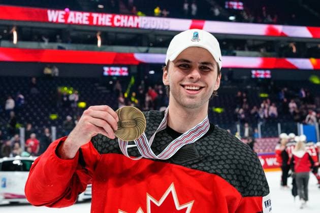 TAMPERE, FINLAND MAY 28 Adam Fantilli of Canada with gold medal during the 2023 IIHF Ice Hockey World Championship Finland Latvia game between Canada and Germany at Nokia Arena on May 28, 2023 in Tampere, Finland Tampere Nokia Arena Finland  Copyright: xJustPictures.ch JarixPestelaccix