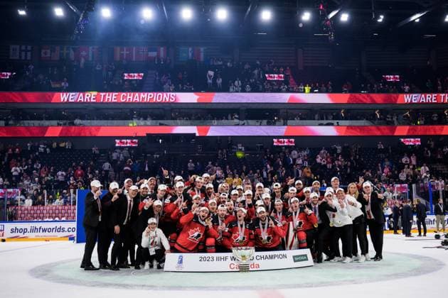 230528 Players of Canada celebrate with the trophy after winning the 2023 IIHF Ice Hockey World Championship final game between Canada and Germany on May 28, 2023 in Tampere Photo Joel Marklund BILDBYRAN kod JM JM0489 bbeng ishockey ice hockey ice hockey vm 2023 ishockey vm vm vm 2023 iihf ice hockey world championship final canada canada germany germany jubel  Copyright: JOELxMARKLUND BB230528JM170