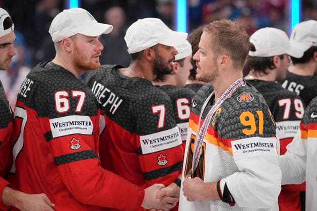 Lawson Crouse 67, CAN and Moritz Müller 91, GER after the 2023 IIHF Ice hockey, Eishockey World Championship, WM, Weltmeisterschaft gold medal match between Canada - Germany at the Nokia Arena on 28. May 2023 in Tampere, Finland. (KALLE PARKKINEN Newspix24) (Tomi Hänninen Newspix24)  Copyright: xKallexParkkinenx np24282258756
