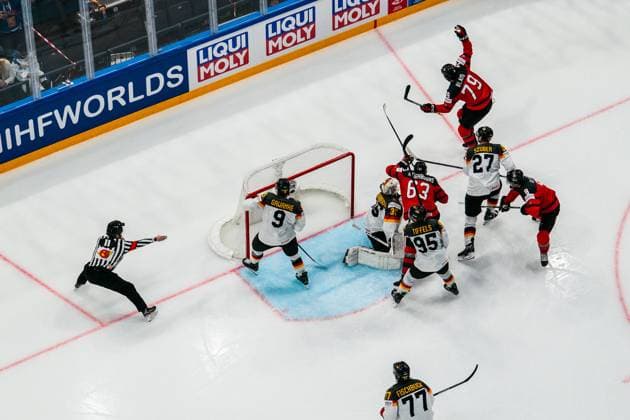 TAMPERE, FINLAND MAY 28 Samuel Blais of Canada upper R score the game winning goal during the 2023 IIHF Ice Hockey World Championship Finland Latvia game between Canada and Germany at Nokia Arena on May 28, 2023 in Tampere, Finland Tampere Nokia Arena Finland  Copyright: xJustPictures.ch JarixPestelaccix