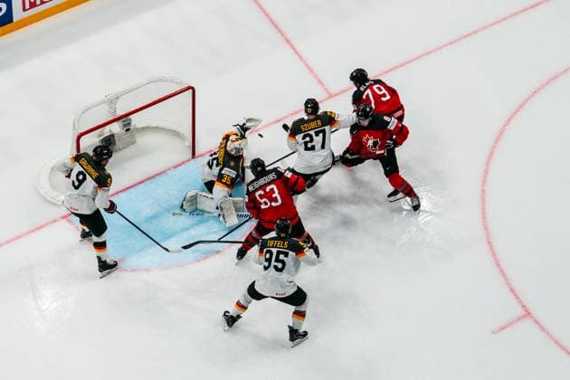 TAMPERE, FINLAND MAY 28 Samuel Blais of Canada upper R scores the game winning goal during the 2023 IIHF Ice Hockey World Championship Finland Latvia game between Canada and Germany at Nokia Arena on May 28, 2023 in Tampere, Finland Tampere Nokia Arena Finland  Copyright: xJustPictures.ch JarixPestelaccix