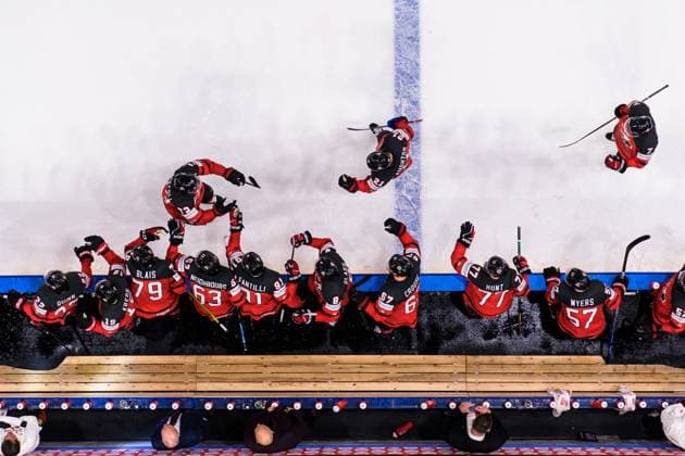230528 Tyler Toffoli of Canada celebrates scoring the 4 2 goal with teammates during the 2023 IIHF Ice Hockey World Championship final game between Canada and Germany on May 28, 2023 in Tampere Photo Joel Marklund BILDBYRAN kod JM JM0489 bbeng ishockey ice hockey ishockey vm 2023 ishockey vm vm vm 2023 iihf ice hockey world championship final canada canada germany germany jubel  Copyright: JOELxMARKLUND BB230528JM172