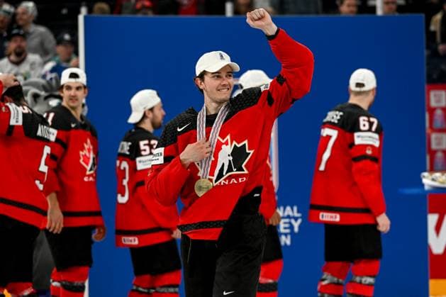 TAMPERE, FINLAND MAY 28 Cody Glass of Canada celebrate winning the gold medal during the 2023 IIHF Ice Hockey World Championship Finland Latvia game between Canada and Germany at Nokia Arena on May 28, 2023 in Tampere, Finland Tampere Nokia Arena Finland  Copyright: xJustPictures.ch AndreaxBrancax