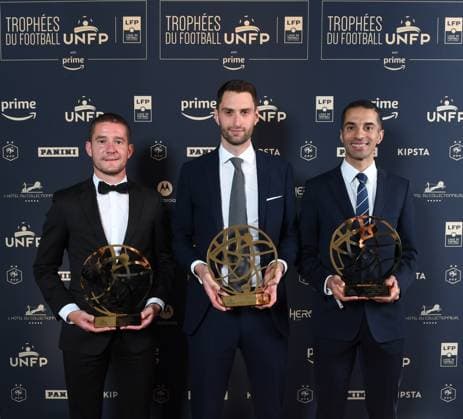 Julien PACELLI (ARBITRE) - Pierre LEGAT (ARBITRE) - Hicham ZAKRANI (ARBITRE) during the ceremony for the UNFP Trophies on May 28, 2023 in Paris, France. FOOTBALL : 31e Ceremonie des Trophees UNFP - Paris - 28 05 2023 Pool Panoramic 