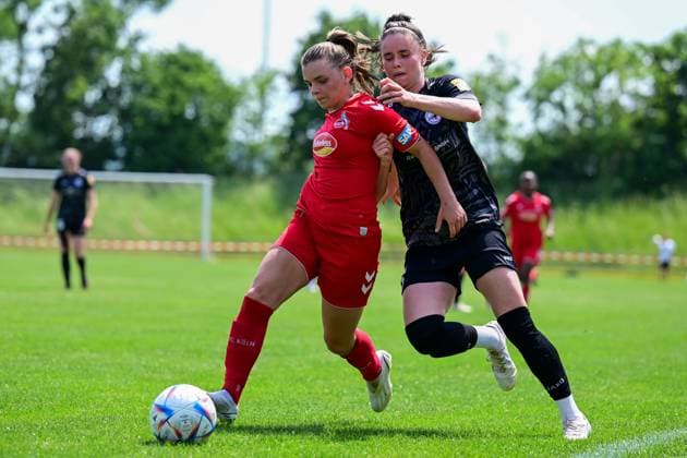 29 05 2023, GER, Soccer, 2 Women Bundesliga 2022 2023, SG 99 Andernach 1 FC Köln U20 Antonia Langshausen 2 Köln and Maren Weingarz 8 Andernach duel for the ball Andernach Stadium Rheinland Pfalz Germany.