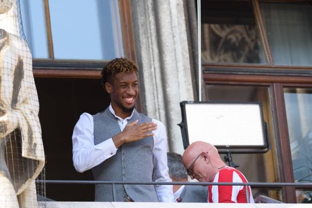 Munich, Germany, May 28th 2023: Kingsley Coman during the celebration of the win of the Flyeralarm Frauen Bundesliga and mens Bundesliga on the balcony of the town hall at Marienplatz, Munich. (Sven Beyrich SPP) Copyright: xSvenxBeyrich SPPx spp-en-SvBe-20230528-D75_4194