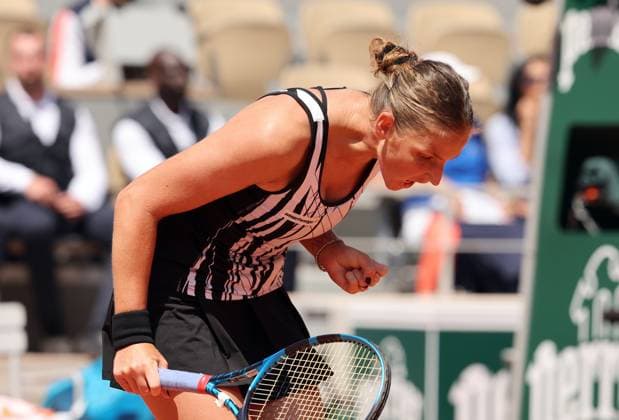 Czech Karolina Pliskova reacts during her first-round match against Sloane Stephens of the US at at Roland Garros French Tennis Open in Paris, France, on Monday, May 29, 2023. Stephens won 6-0, 6-4.  PAR20230529503 MAYAxVIDON-WHITE