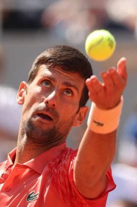 Serbian Novak Djokovic serves to Aleksandar Kovacevic of the US during their first-round match at Roland Garros French Tennis Open in Paris, France, on Monday, May 29, 2023. Djokovic won 6-3, 6-2, 7-6.  PAR20230529514 MAYAxVIDON-WHITE